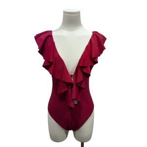 Sportlike Wmns Sz Small One Piece Swimsuit Ruffle V Neck Swimwear Padded Red